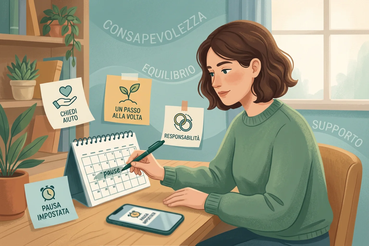 Persona che osserva un calendario con promemoria di pausa e contatti di aiuto