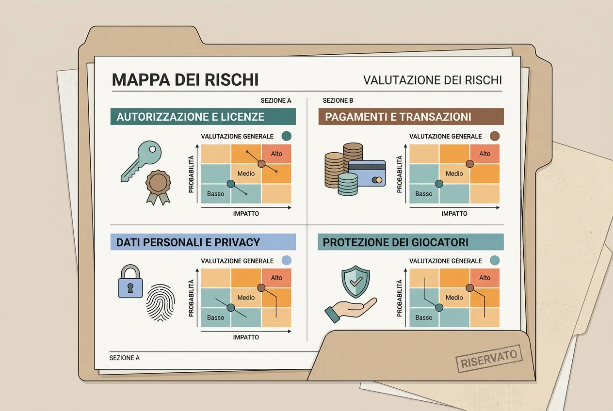 Mappa visiva con segnali di rischio ordinati per autorizzazione, pagamenti e protezione personale