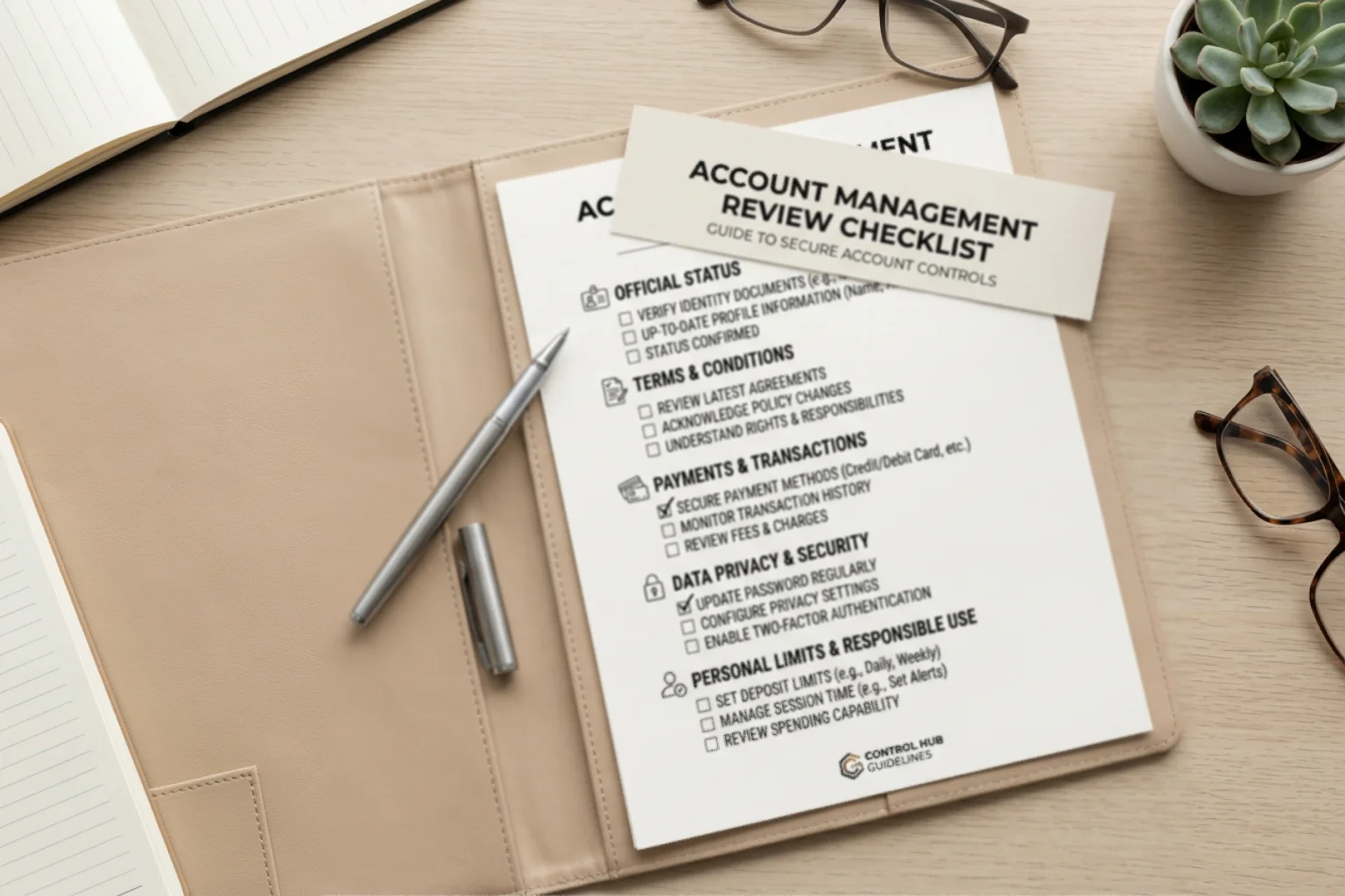 Lista di controllo con caselle su autorizzazione, pagamenti, dati e limiti personali